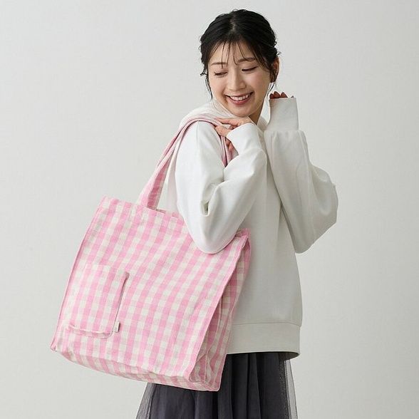 A4トートバッグ 格子柄ポケット付きトートバッグ