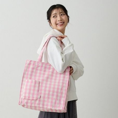 A4トートバッグ 格子柄ポケット付きトートバッグ