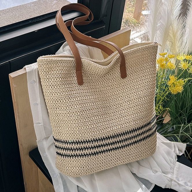 A4トートバッグ 麦わら風 ボーダー編み トートバッグ