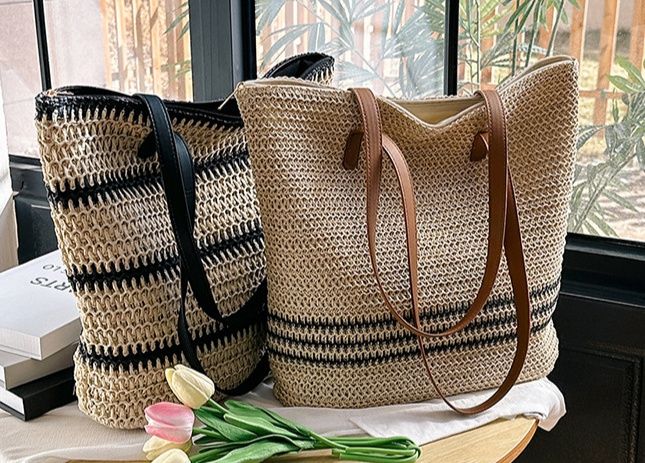 A4トートバッグ 麦わら風 ボーダー編み トートバッグ