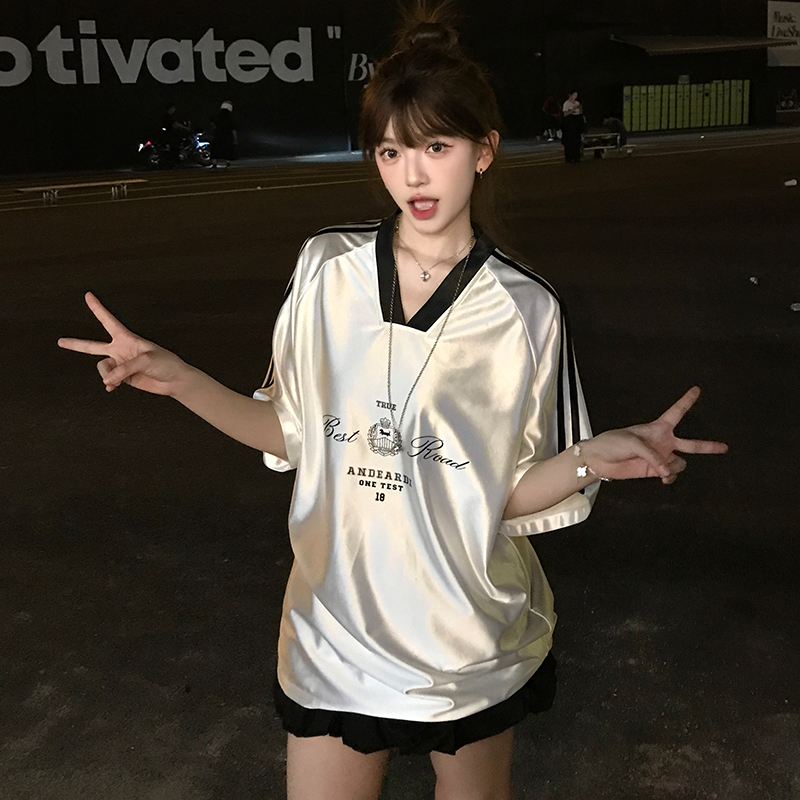 ジャージ レディース スポーティー風 光沢 半袖トップス