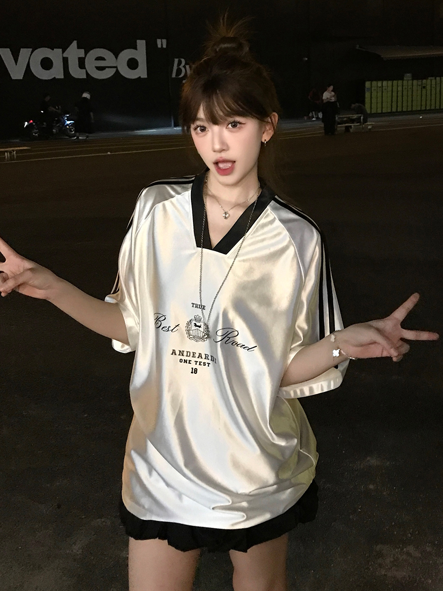 ジャージ レディース スポーティー風 光沢 半袖トップス