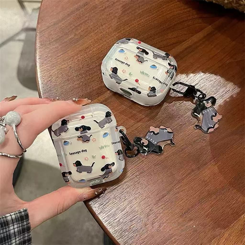 Airpodsケース AirPods pro3対応 ダックスフンド柄透明保護ケースチャーム付き