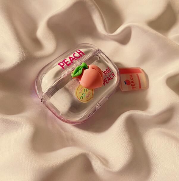 Airpodsケース AirPods pro3対応 桃柄透明保護ケース キーホルダー付き