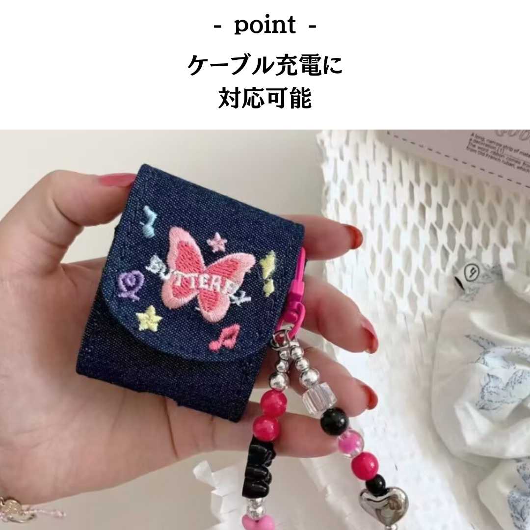 蝶々刺繍入りデニム風 AirPods/AirPodsproケース