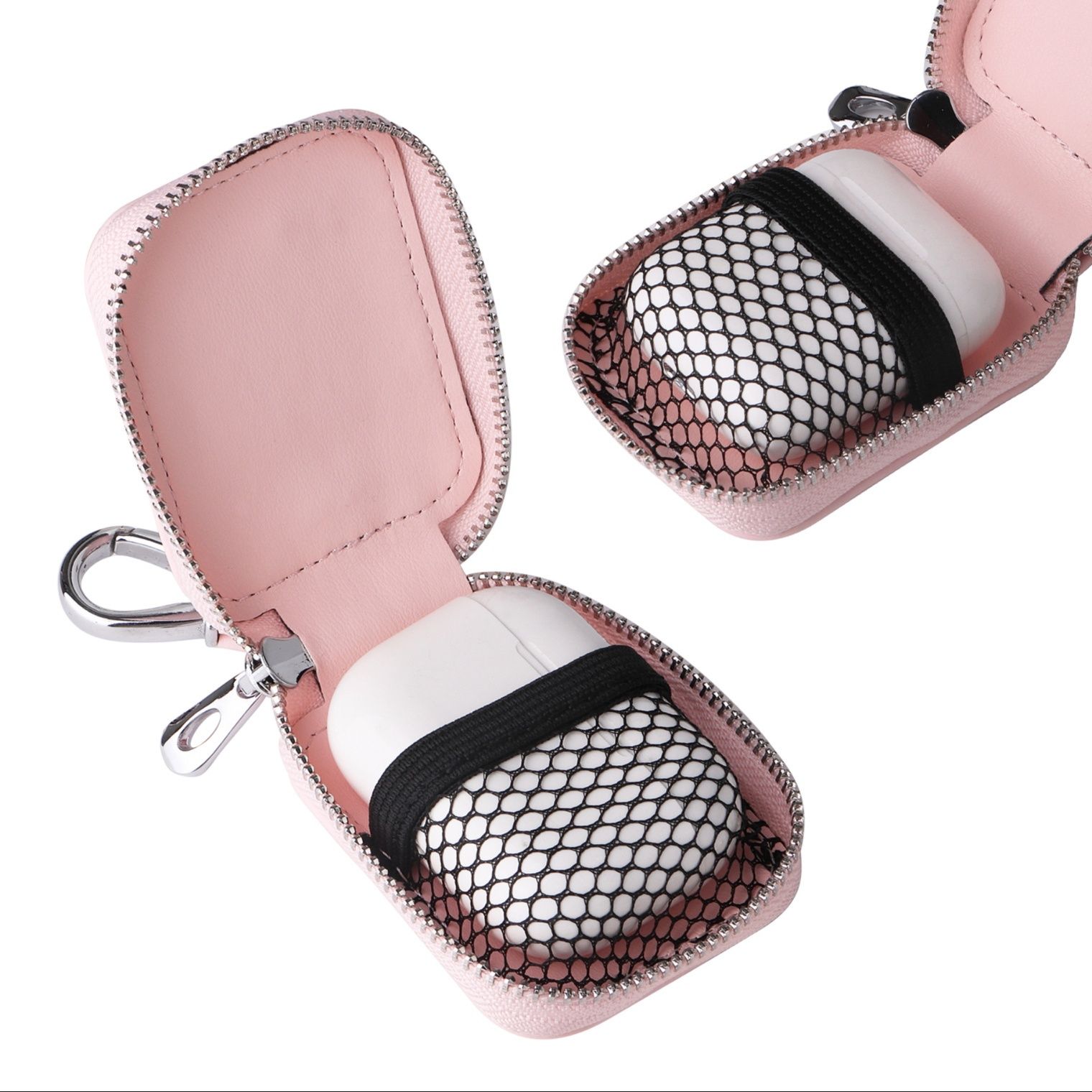 AirpodsケースAirpodsファスナー式レザー調保護ケースカラビナ付き