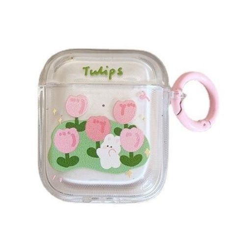 Airpodsケース 可愛いチューリップとうさぎ柄透明保護ケース