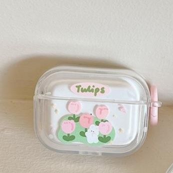Airpodsケース 可愛いチューリップとうさぎ柄透明保護ケース