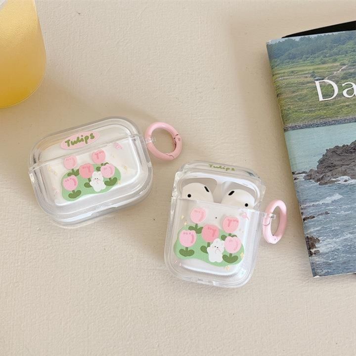 Airpodsケース 可愛いチューリップとうさぎ柄透明保護ケース