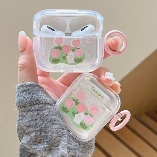 Airpodsケース 可愛いチューリップとうさぎ柄透明保護ケース