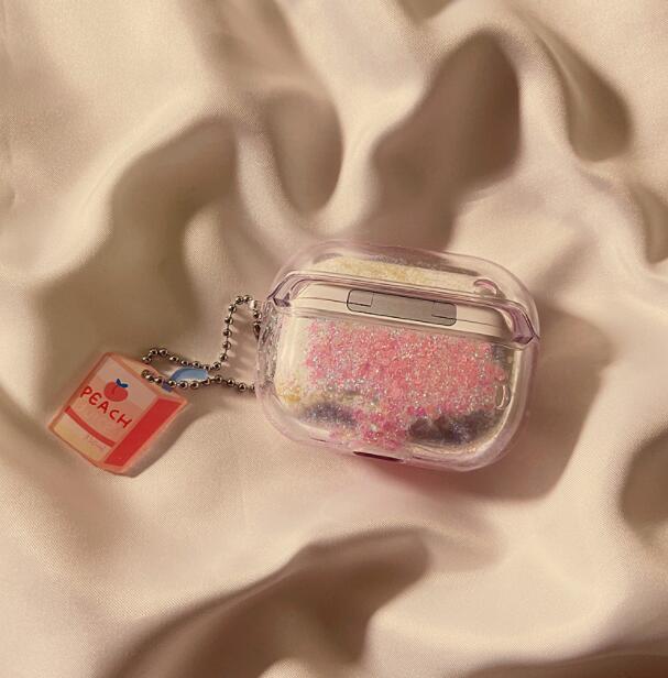 Airpodsケース AirPods pro3対応 桃柄透明保護ケース キーホルダー付き