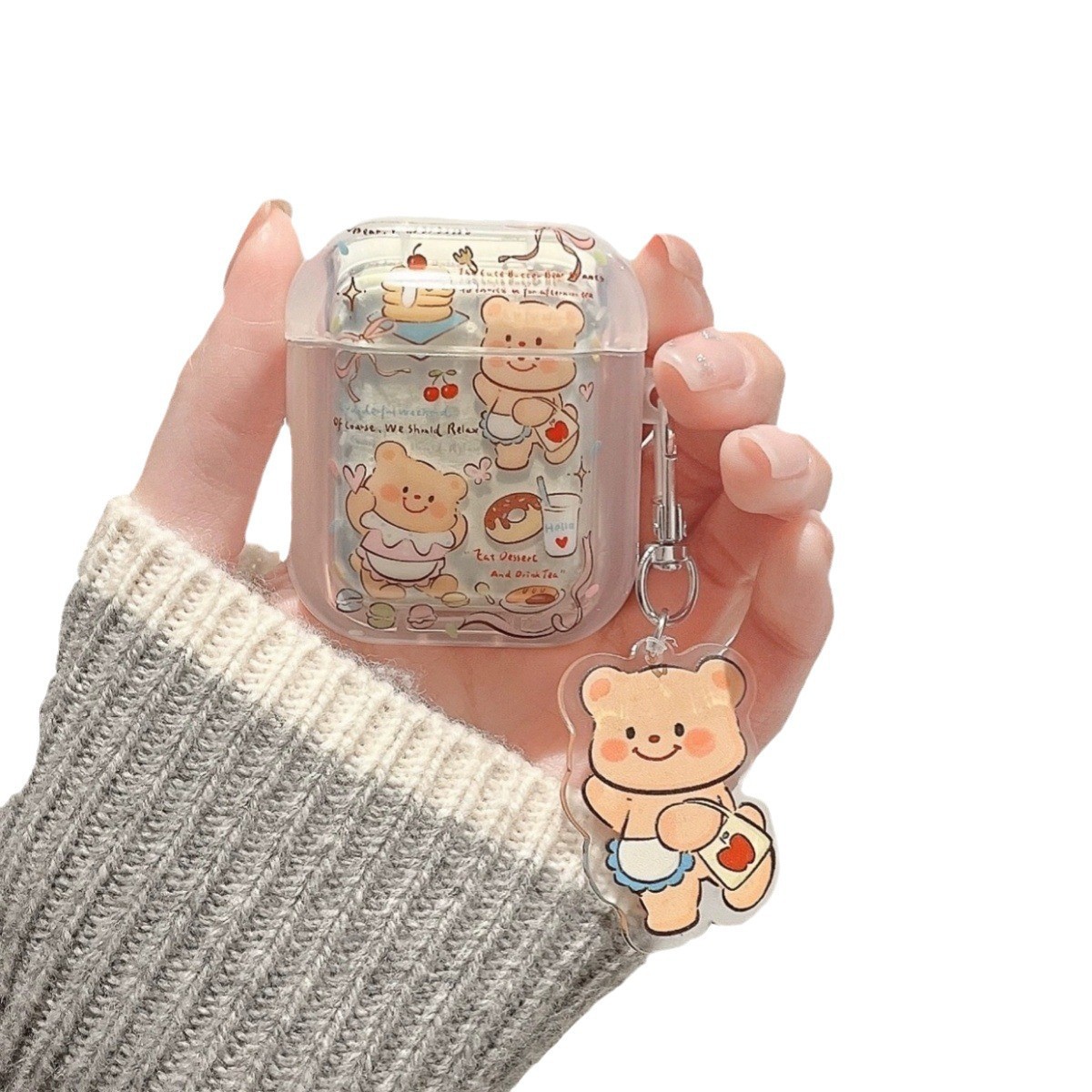Airpodsケース くまのおやつ柄 透明 イヤホンケース チャーム付き