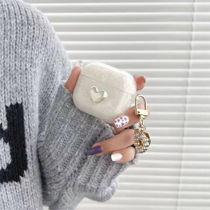Airpodsケース AirPods pro3対応 大理石風ハート付きパールチャーム付きケース