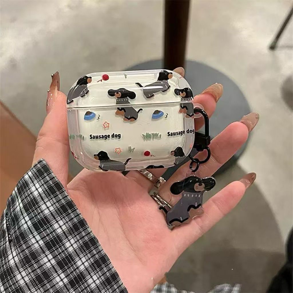 Airpodsケース AirPods Pro 第三世代 ソーセージ犬柄クリアケースチャーム付き