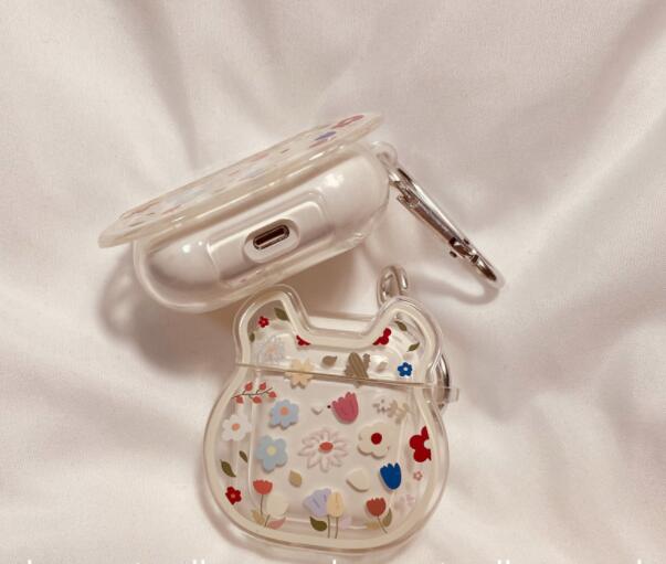 Airpodsケース AirPods pro3対応 花柄透明エアポッズプロ第三世代保護ケースキーホルダー付き