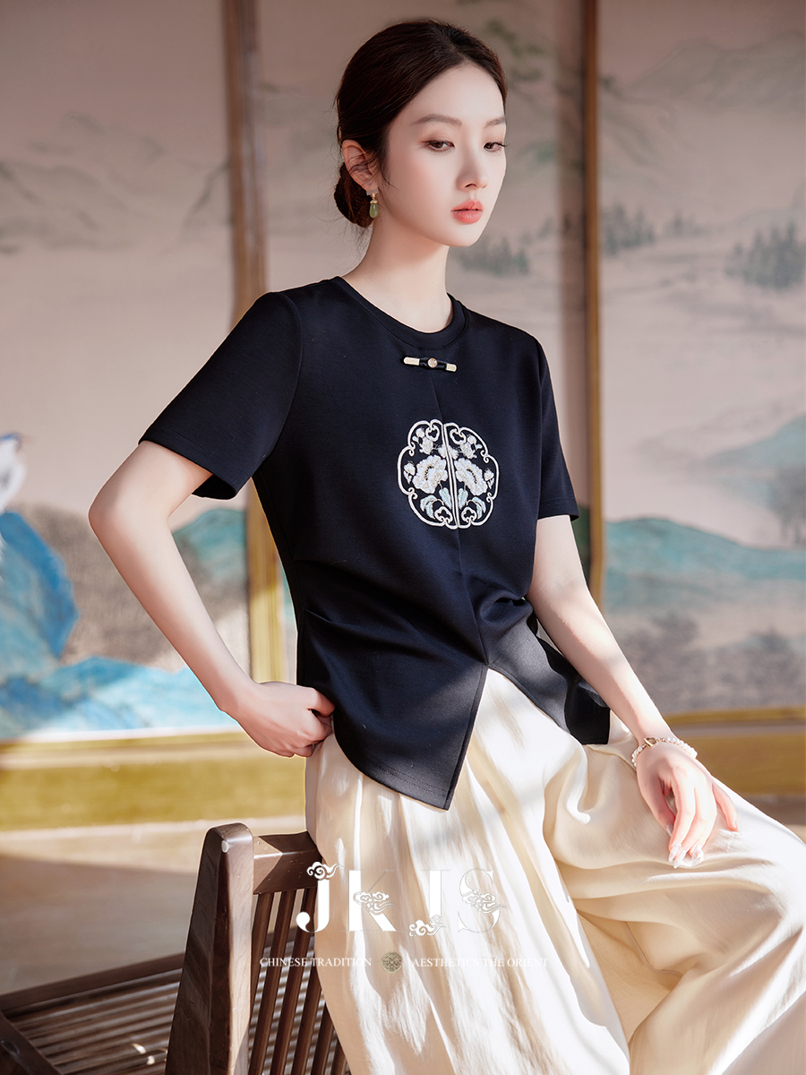 花丸刺繍アシンメトリー半袖カーディガン