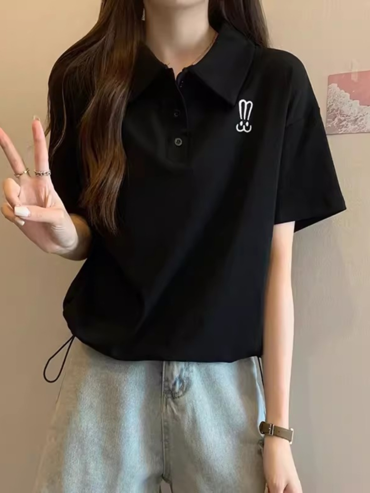 うさぎワッペン付き半袖ポロシャツ