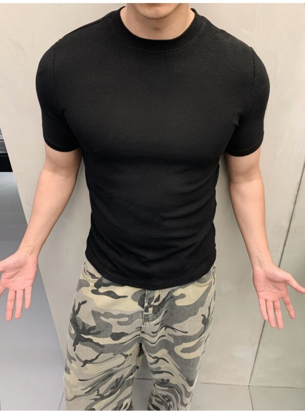 シンプルリブ編み半袖カーディガン