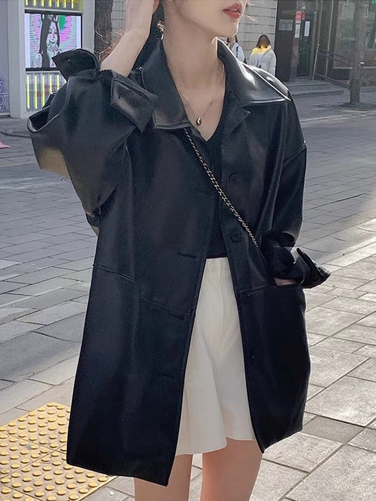 アメカジ 女性用 本革調ライダース風ジャケット ゆったり黒