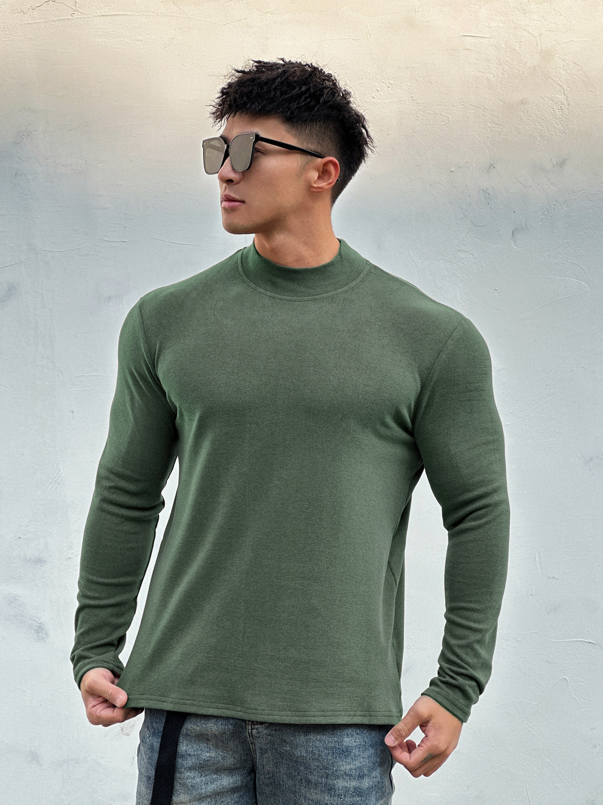 アメカジ モックネック無地長袖シャツ