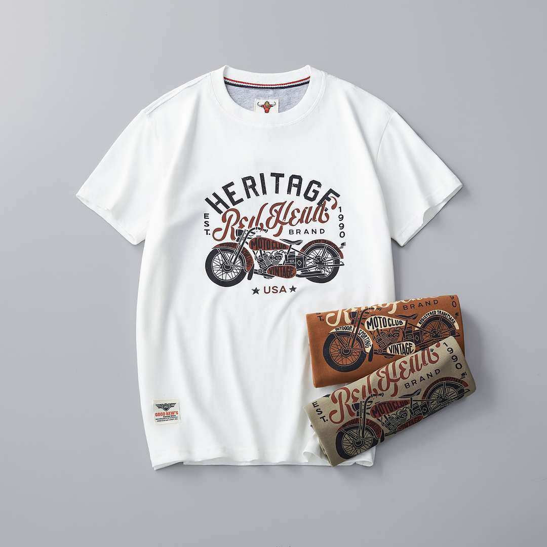 アメカジファッション  ヴィンテージバイク柄プリント半袖Tシャツ