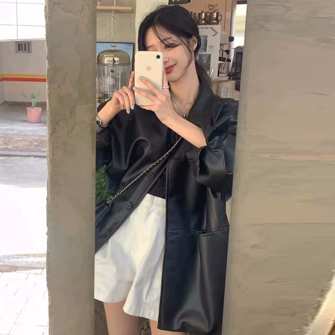 アメカジ 女性用 本革調ライダース風ジャケット ゆったり黒