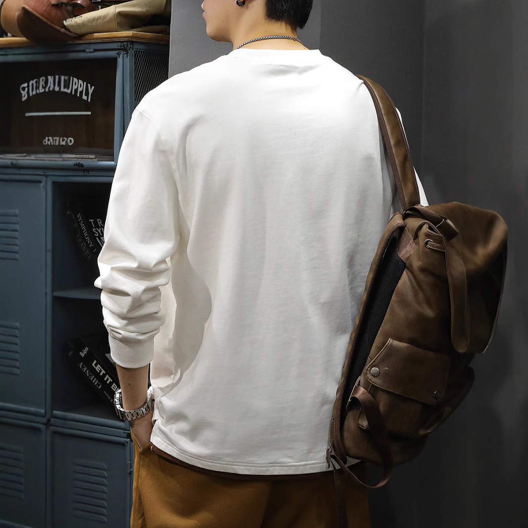 アメカジ メッセージ刺繍クルーネック長袖Tシャツ