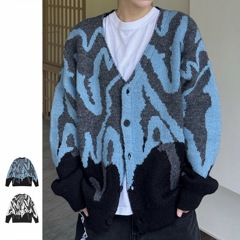 アメカジ 炎柄ニットカーディガン 男女兼用アウター
