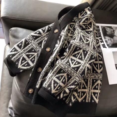 アメカジ メンズ幾何学柄ニットカーディガン前開きアウター