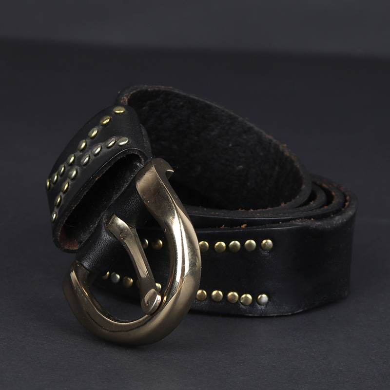 アメカジ スタッズ装飾本革二重リングバックルベルト