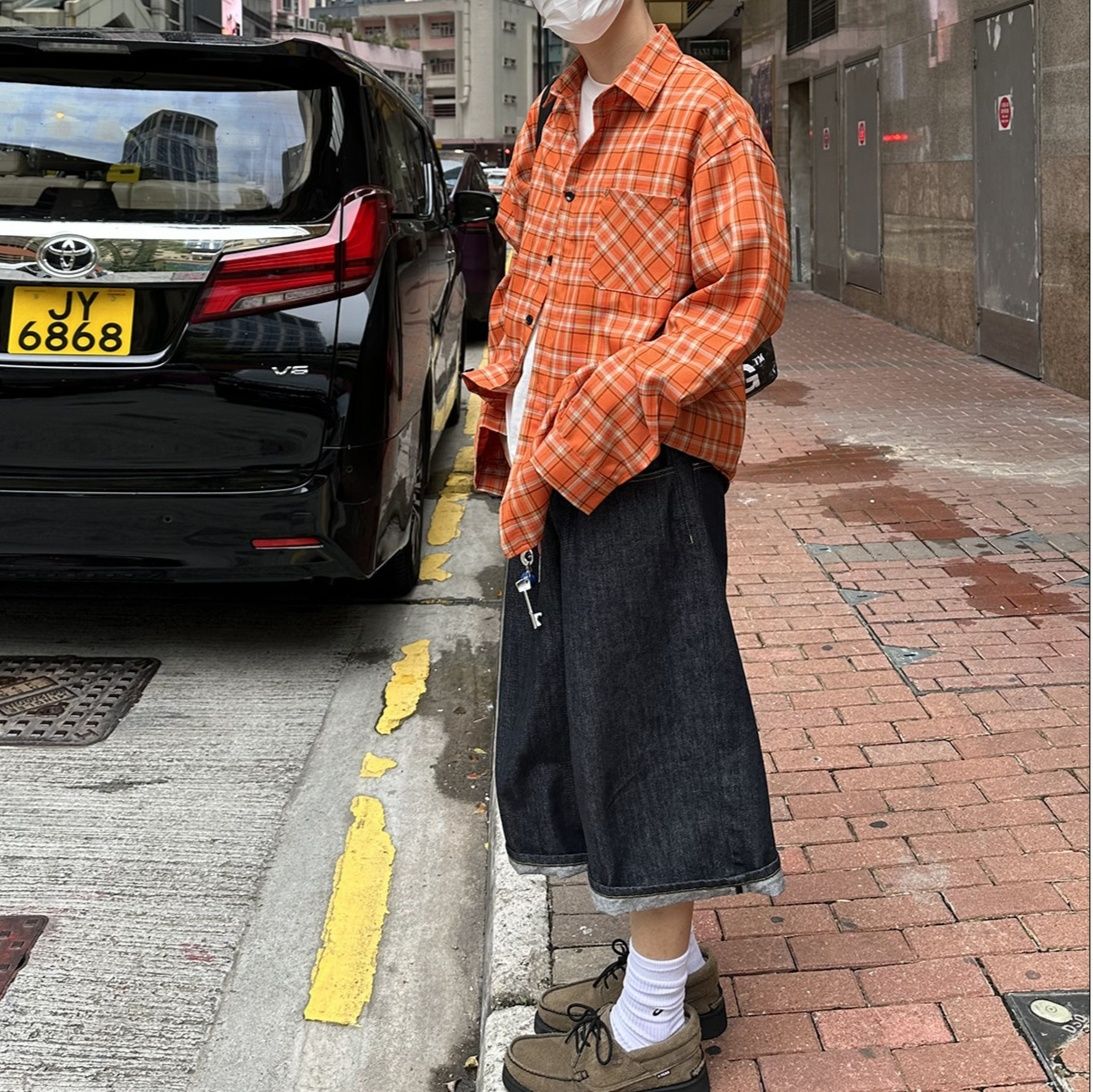 アメカジ 格子柄フランネル長袖シャツ ゆったりシルエット