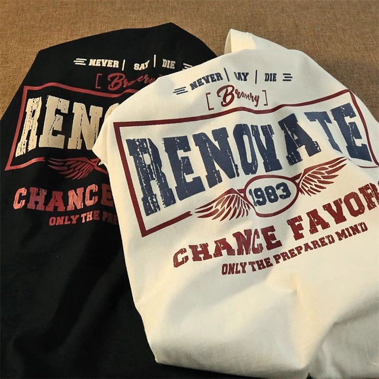 アメカジ 翼デザイン ヴィンテージ風 文字プリント半袖Tシャツ