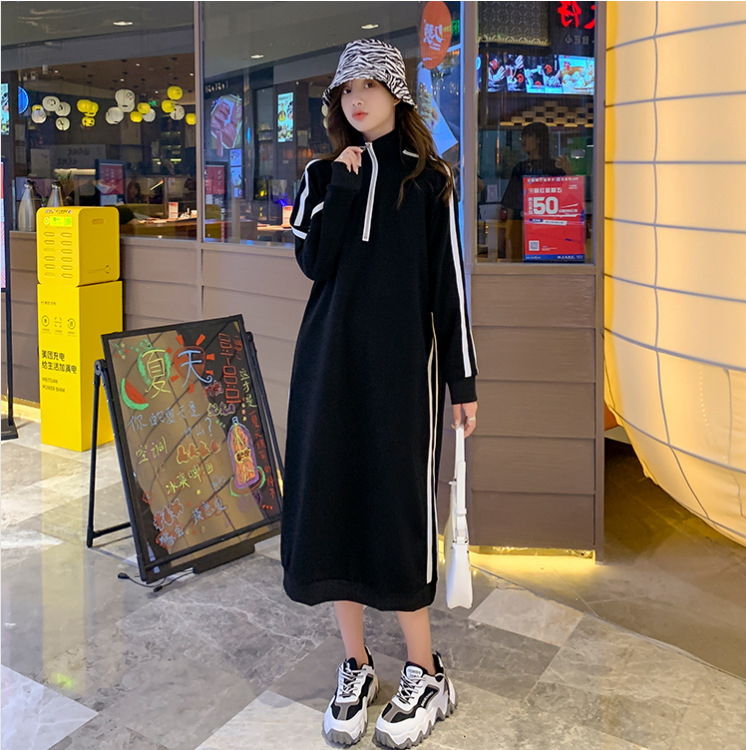 アメカジ ハーフジップスウェットワンピース黒サイドライン