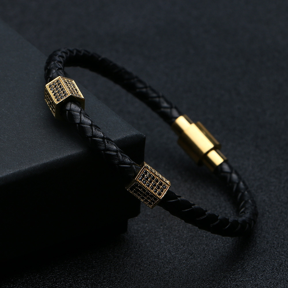 アメカジ 編み込みレザー石飾り留め具付きブレスレット