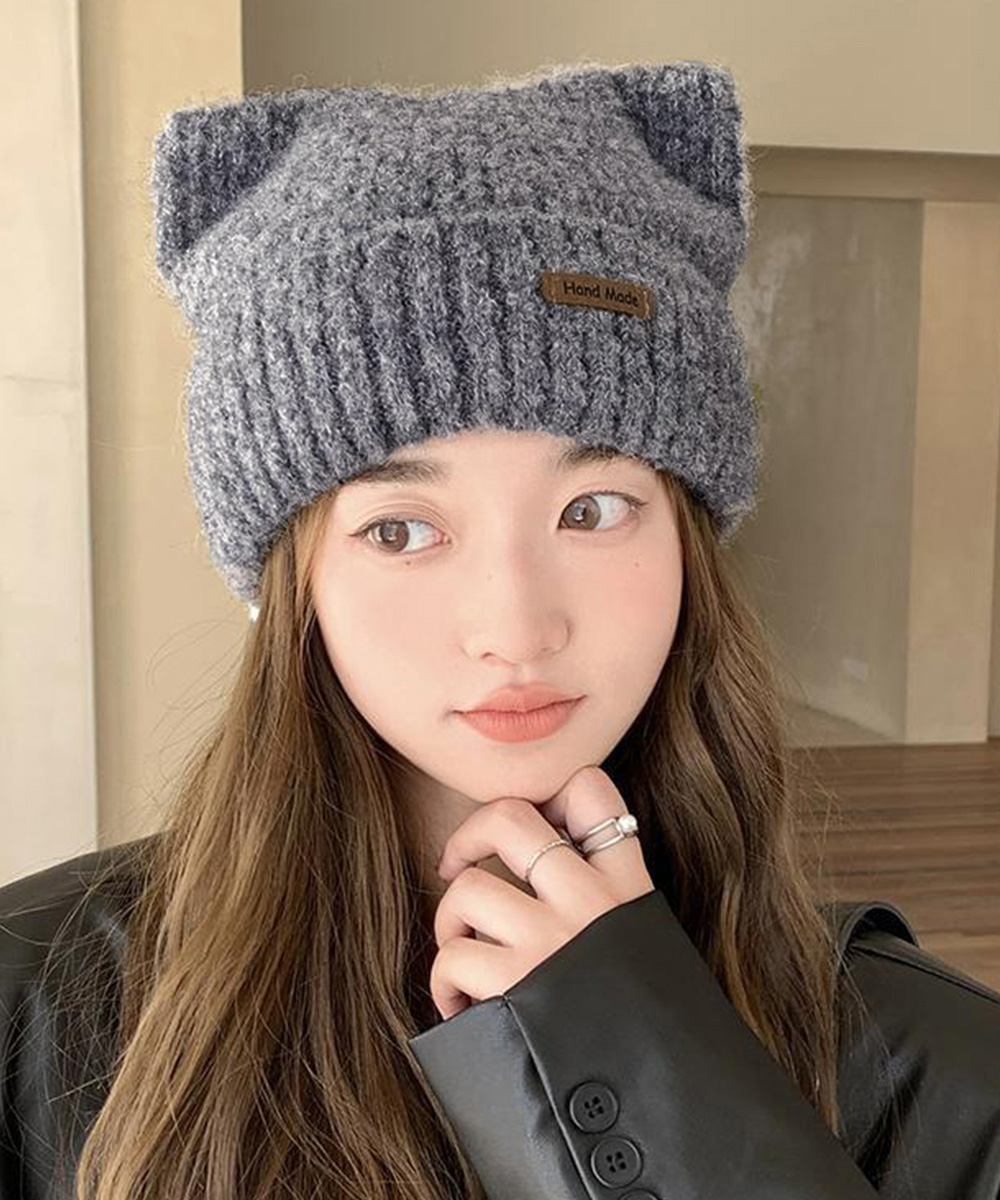 アメカジ 猫耳ニット帽子 リブ編み キャップ レディース