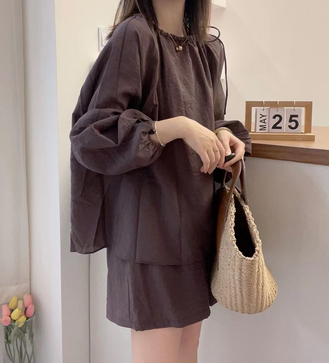 アメカジ レディース 肩開きロンティー セットアップ ショートパンツ付き