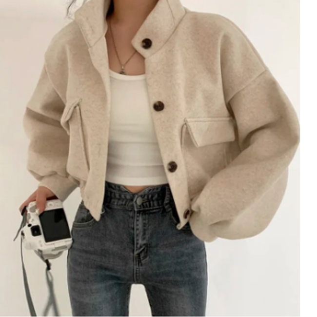 アメカジ レディース ショート丈ジャケット グレー スタンドカラー