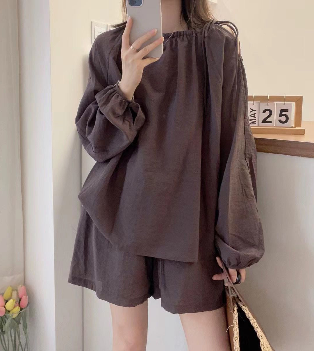 アメカジ レディース 肩開きロンティー セットアップ ショートパンツ付き