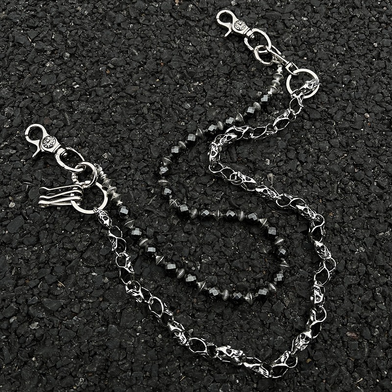 アメカジ 髑髏装飾二連鎖ビーズ組合せ財布鎖