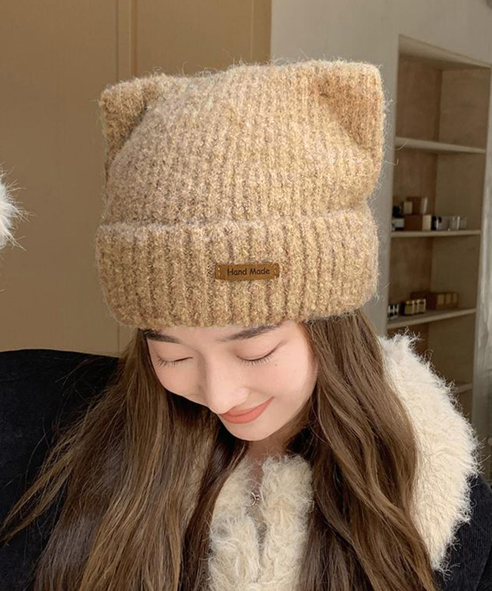 アメカジ 猫耳ニット帽子 リブ編み キャップ レディース