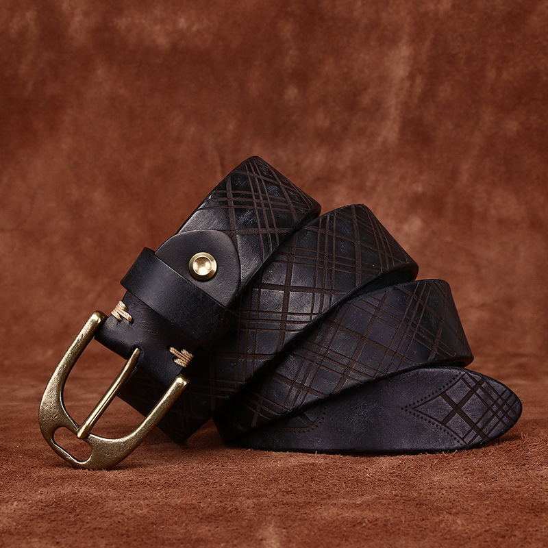 アメカジ 幾何学模様型押し本革ベルト真鍮バックル