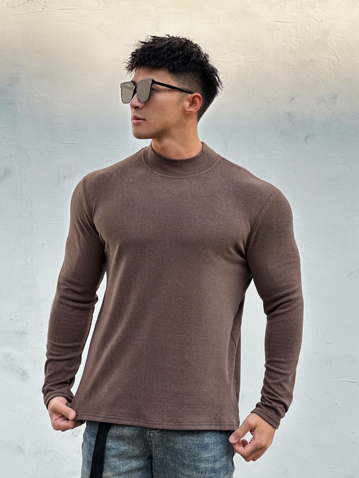 アメカジ モックネック無地長袖シャツ