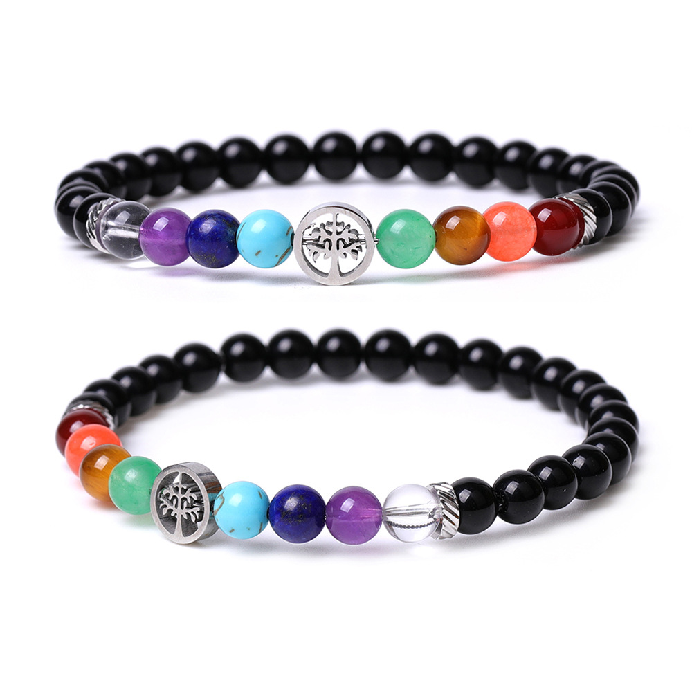アメカジ 生命の樹モチーフ七色天然石ビーズブレスレット