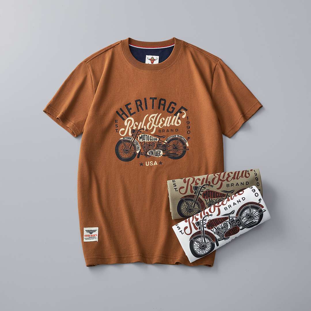 アメカジファッション  ヴィンテージバイク柄プリント半袖Tシャツ