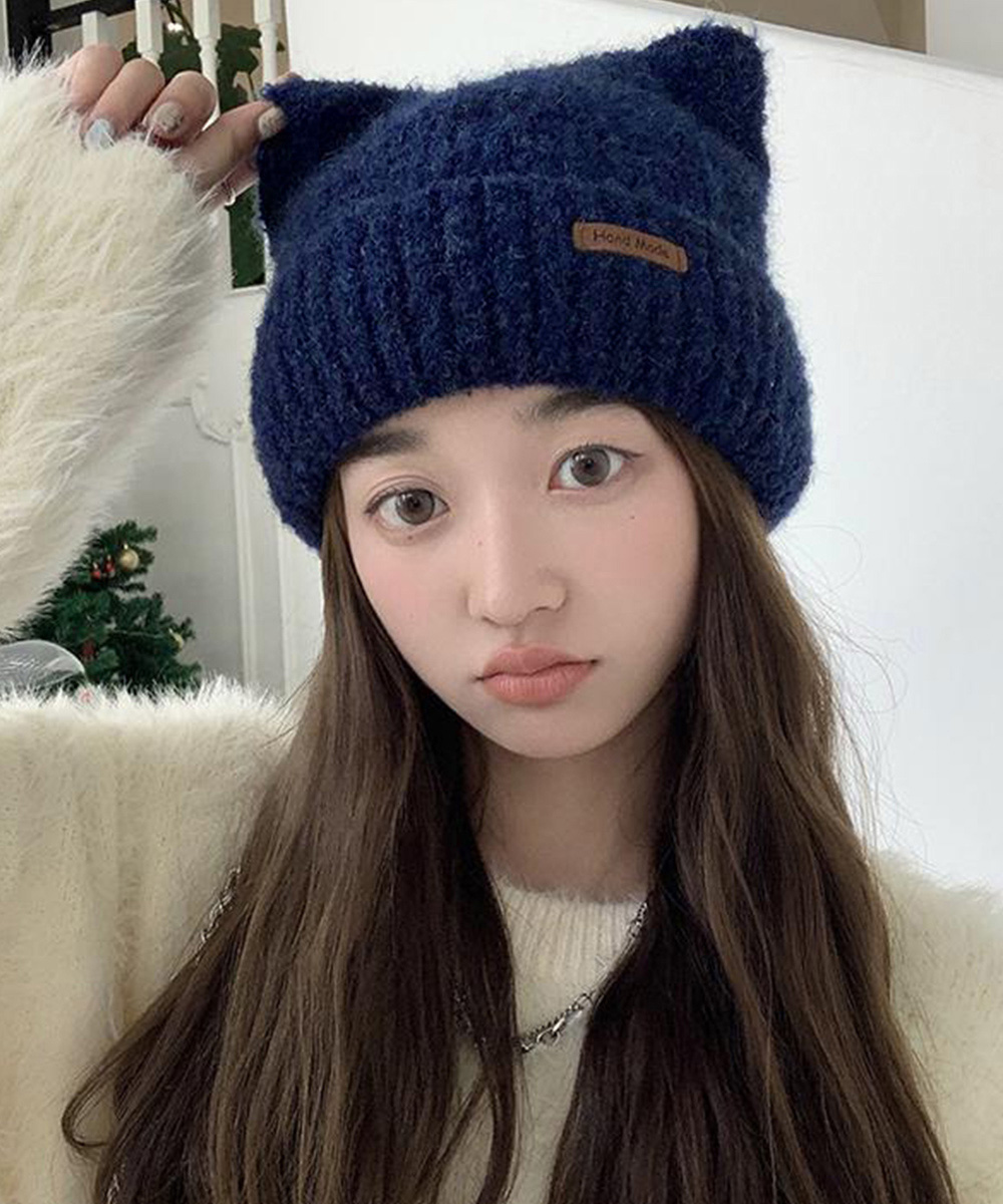 アメカジ 猫耳ニット帽子 リブ編み キャップ レディース