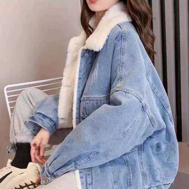 アメカジ 裏ボアデニムジャケット ゆったり襟付き防寒アウター