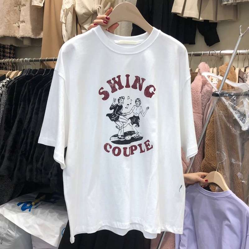 アメカジファッション  スイングカップルプリントレトロTシャツ