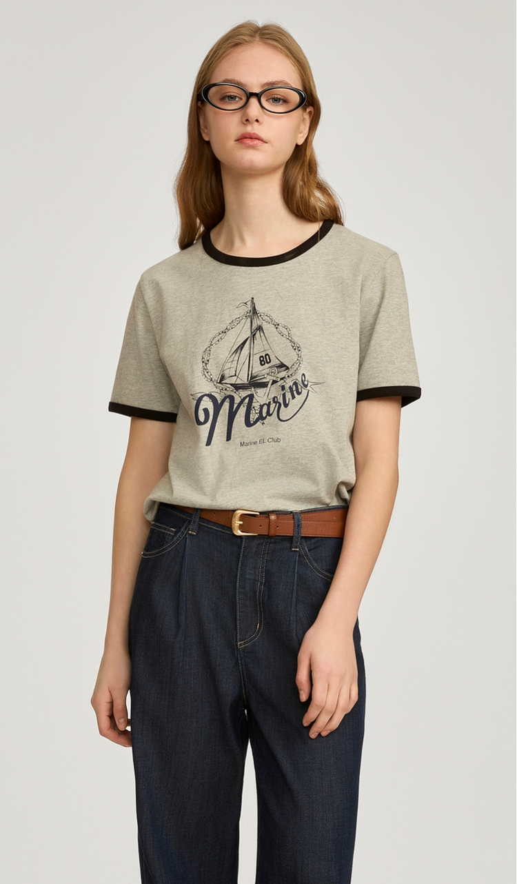 アメカジ ヨットプリント配色リンガーＴシャツ