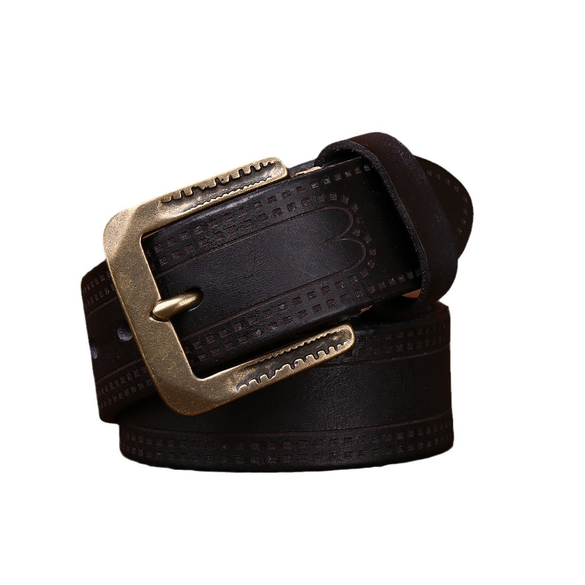 アメカジ 本革型押し加工アンティーク調バックル付きレザーベルト