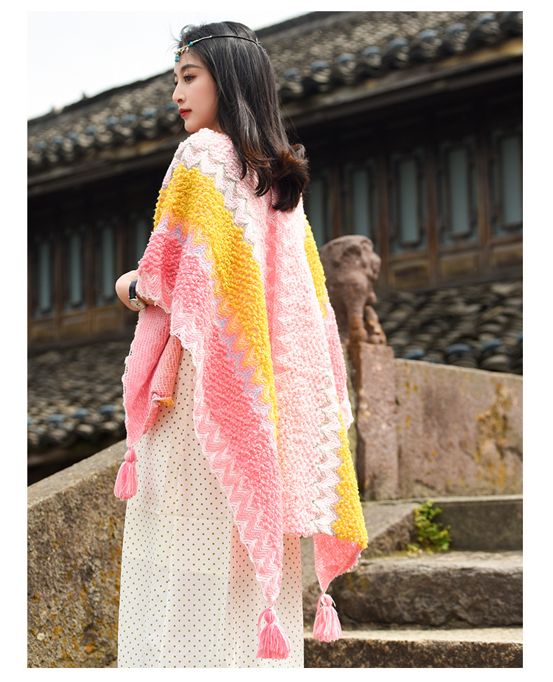 アメカジ レディース民族風ニットベスト大判ショール温かポンチョ